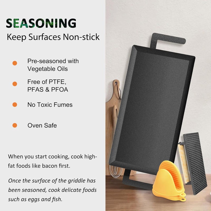 LTLUO Universal Large Carbon Steel Griddle for Outdoor Gas Grill, Induction, Gas/Electric Stove, and Oven, Double Burner Griddle Comes with Grill Press, Pre-seasoned Nitride Coating Process - Image 5
